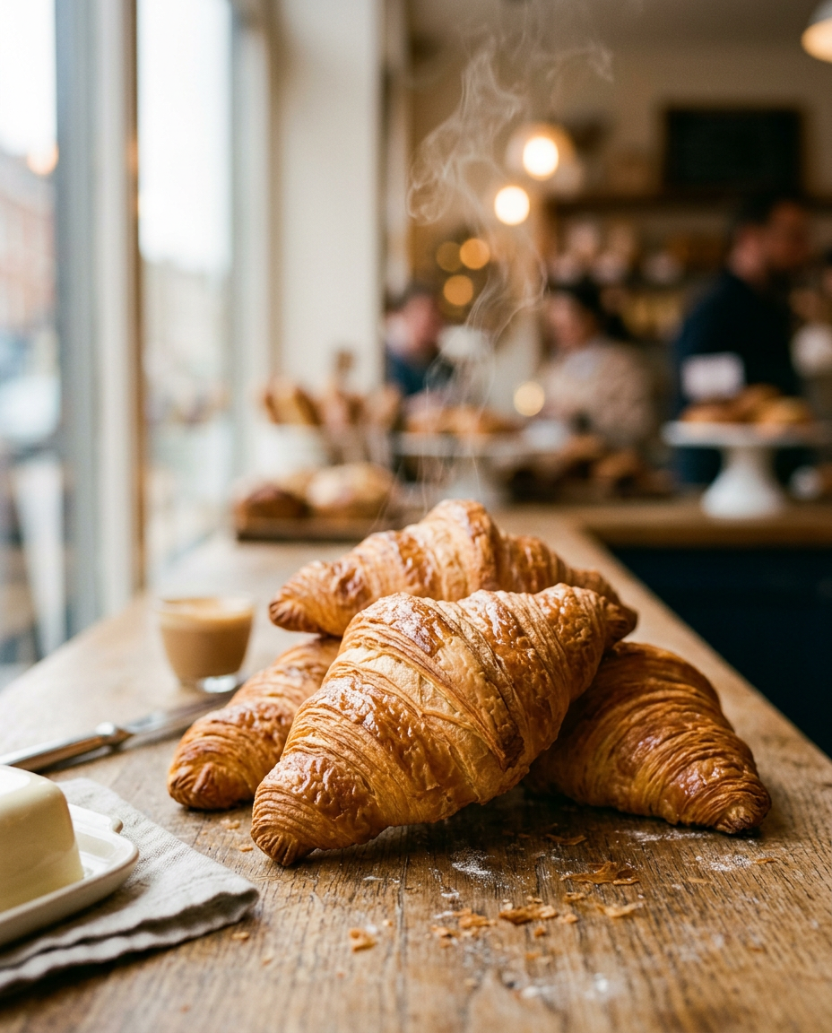 Generated sample ad photo of croissants on a wooden cafe counter