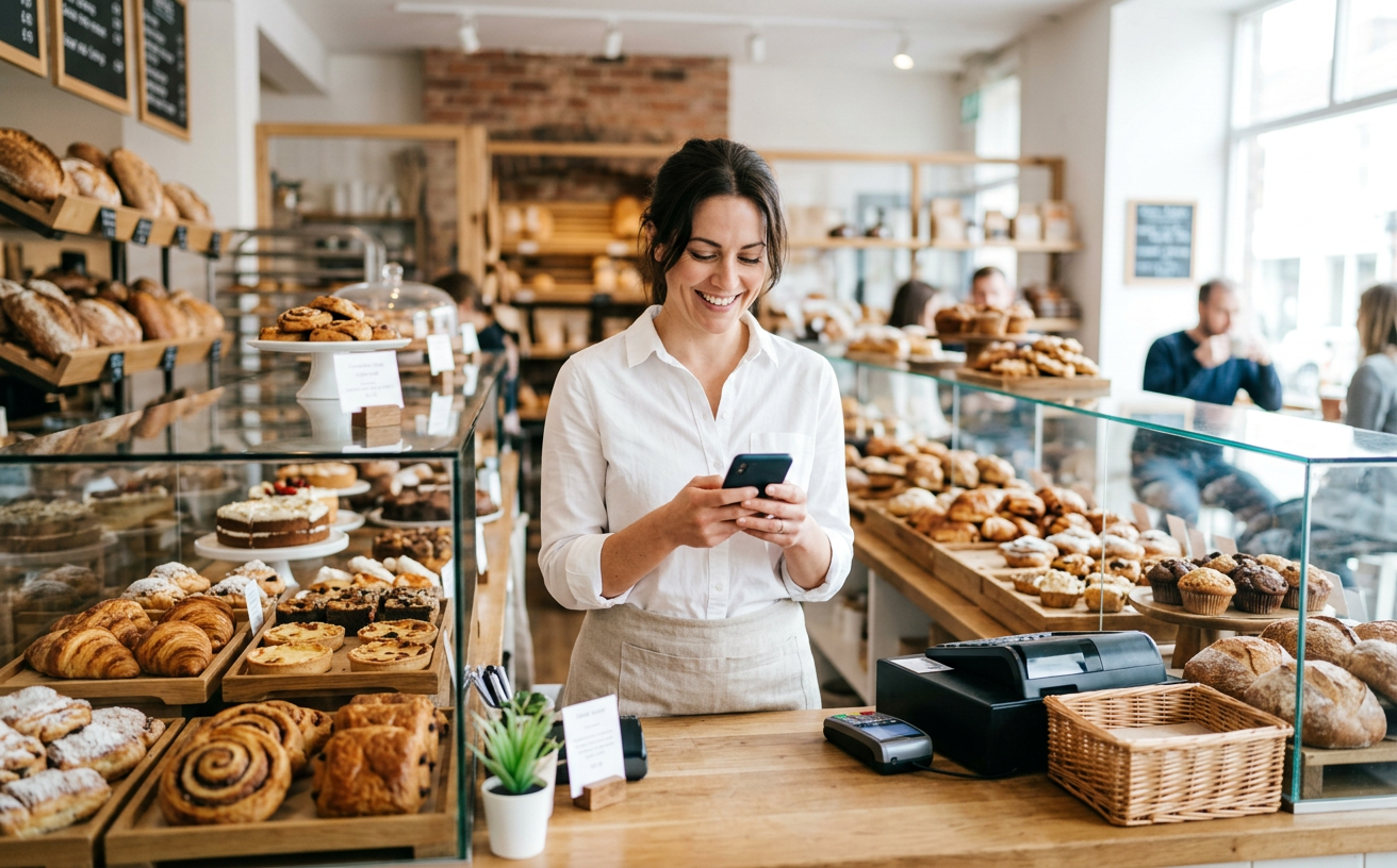 Generated picture of a bakery owner smiling at her phone behind a pastry counter