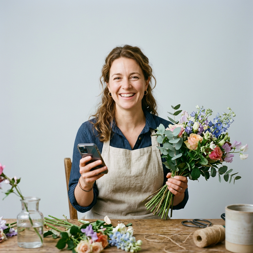 Generated picture of a florist holding a bouquet and her phone