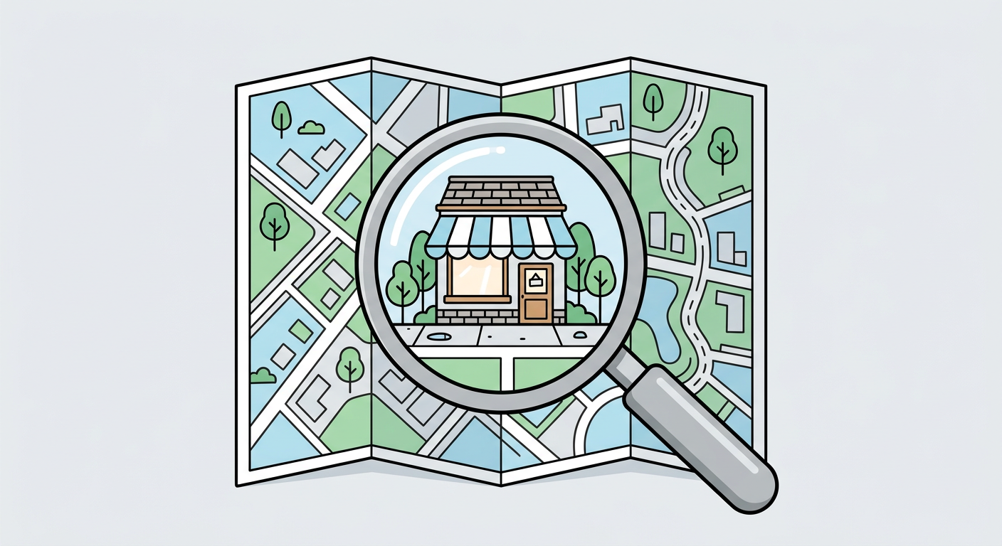 Illustration of a map with a magnifying glass over a small shop