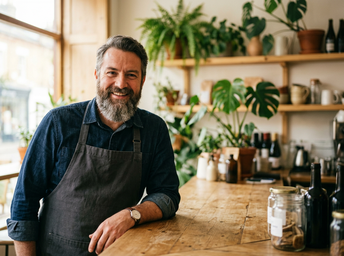 Generated picture of a cafe owner leaning on a wooden counter