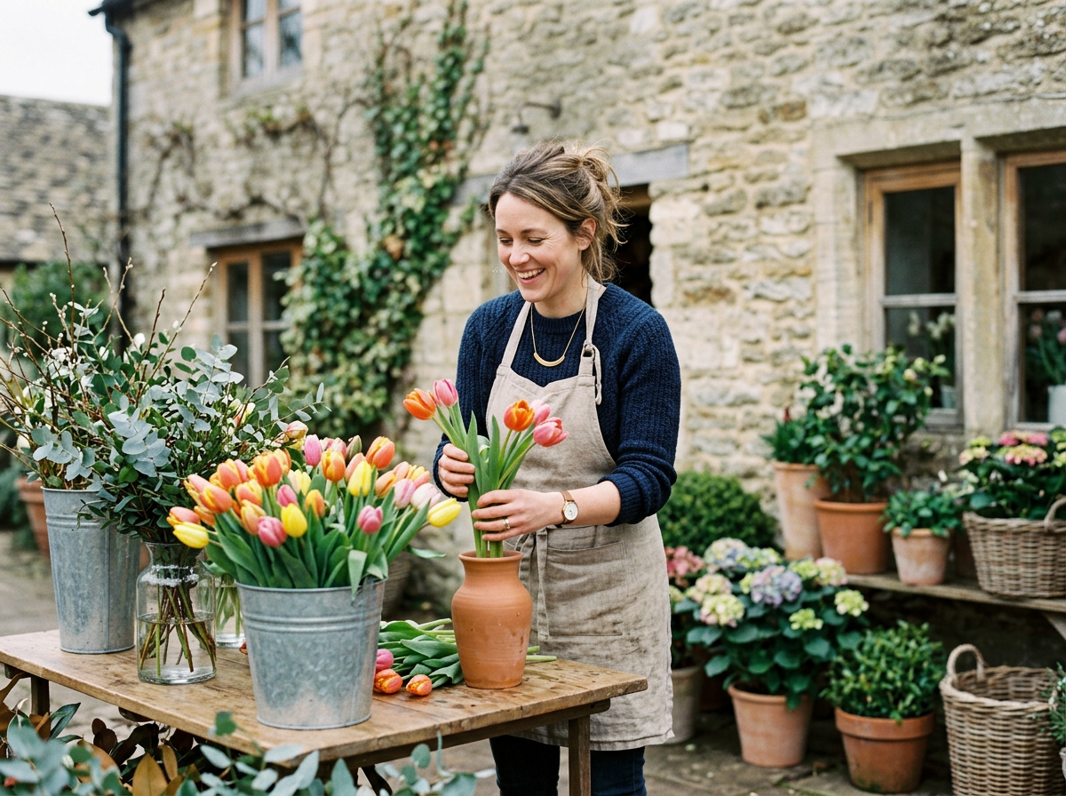 Generated picture of a florist arranging tulips outside her shop